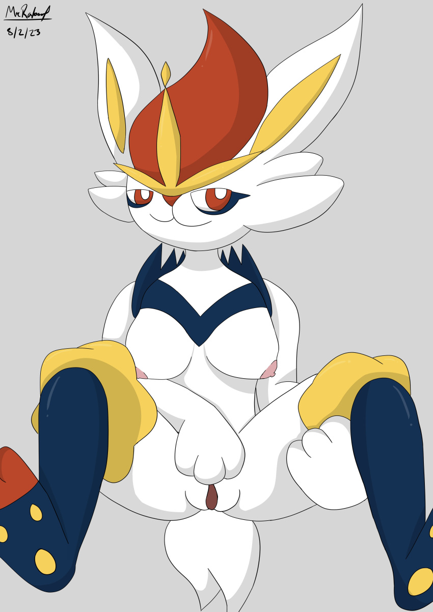 2023 absurd_res anthro areola breasts butt cinderace dated digital_media_(artwork) female fur generation_8_pokemon genitals hand_on_pussy hi_res humanoid leg_grab legs_up looking_at_viewer looking_pleasured masturbation mrraboot narrowed_eyes nintendo nipples nude pokemon pokemon_(species) pussy shaded signature simple_background simple_shading smile solo spread_legs spreading tail vaginal white_body white_fur