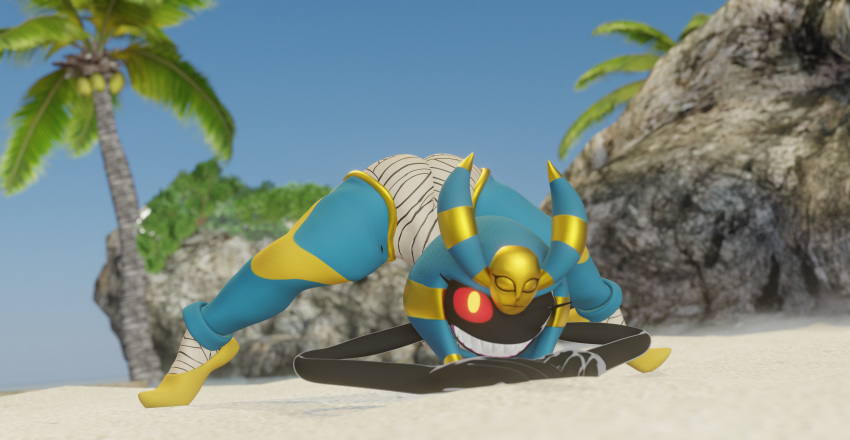 absurd_res anthro beach clothed clothing female hi_res humanoid jack-o'_pose lorded meme_pose nintendo plant pokemon pokemon_(species) pose rock sand seaside solo tree