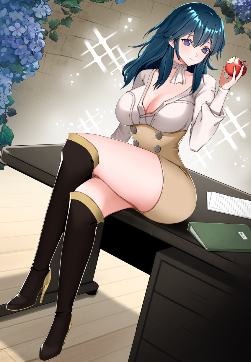1girl absurdres alternate_costume book boots breasts byleth_(female)_(fire_emblem) byleth_(fire_emblem) choker fire_emblem fire_emblem:_three_houses food food_bite fruit green_hair highres holding holding_food holding_fruit large_breasts long_hair looking_at_viewer mari48240422