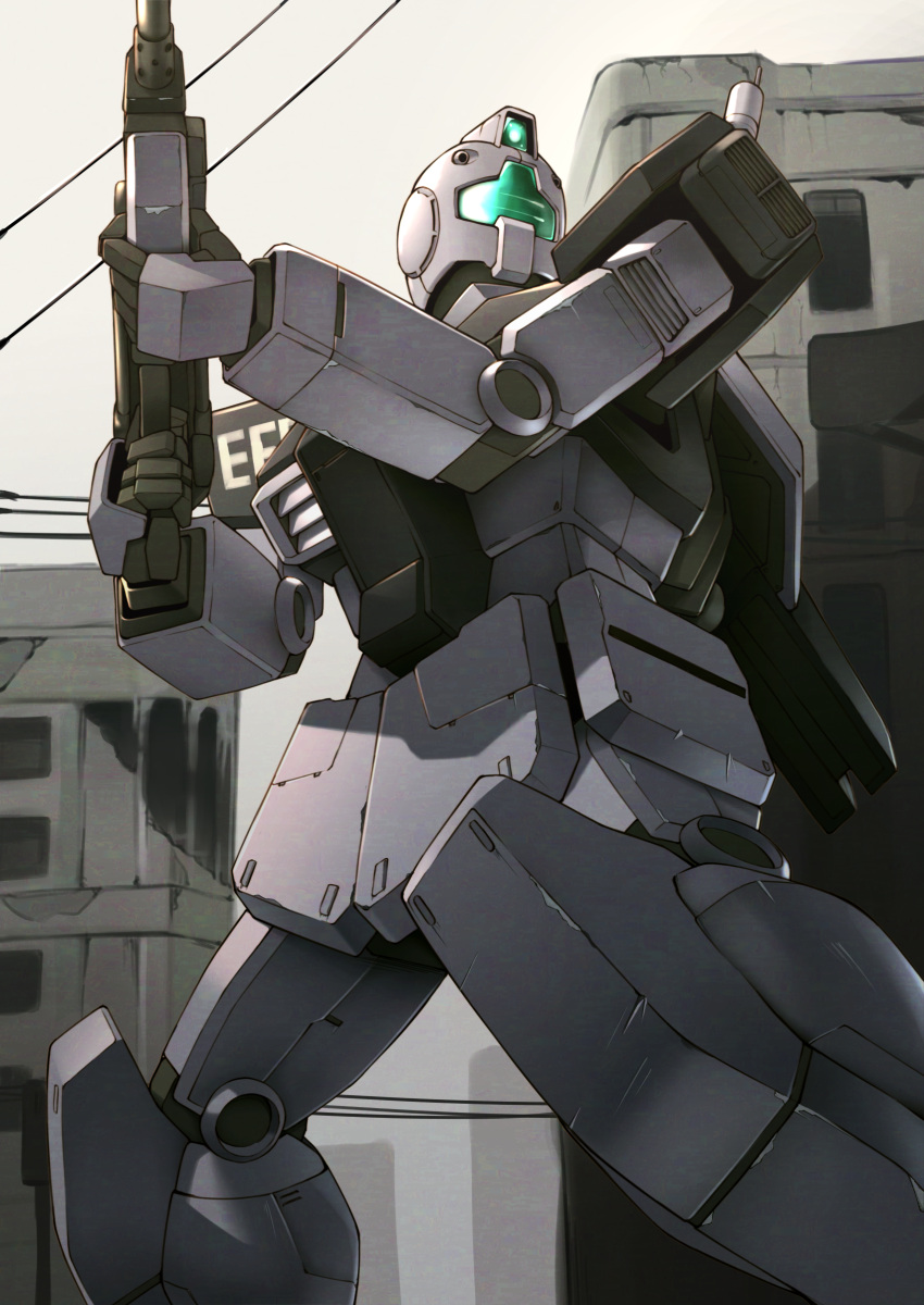 absurdres assault_visor building city commentary earth_federation_space_forces gm_(mobile_suit) gun gundam gundam_side_story:_rise_from_the_ashes highres holding holding_gun holding_weapon mecha mobile_suit no_humans outdoors power_lines robot science_fiction shield shield_on_back solo standing takahashi_masaki turning_head weapon