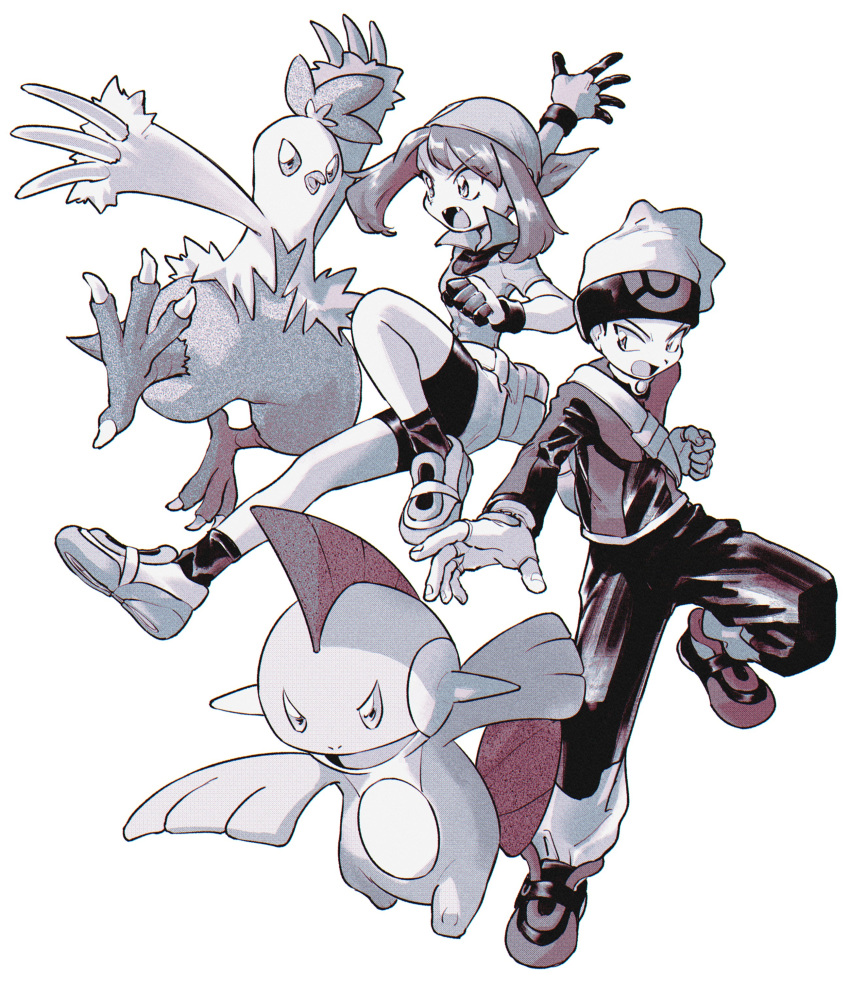 1boy 1girl absurdres backpack bag bandana bike_shorts brendan_(pokemon) claws collared_shirt combusken fang fanny_pack fingerless_gloves funabara_tsuitta_tsunagemashita gloves highres marshtomp may_(pokemon) open_mouth pants pokemon pokemon_(creature) pokemon_adventures shirt white_background