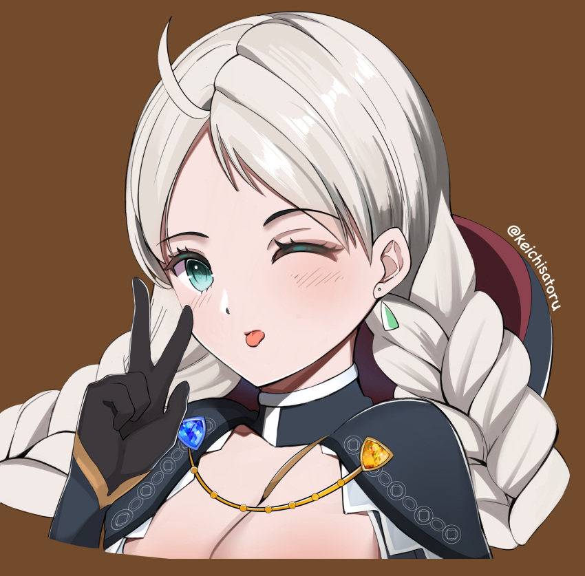 1girl absurdres ahoge blue_brooch blue_eyes braid breasts chain commission commissioner_upload crystal_earrings earrings fire_emblem fire_emblem_fates fire_emblem_heroes gold_chain highres hood hood_down jewelry keichisatoru low_twin_braids medium_breasts nina_(fire_emblem) nina_(thief)_(fire_emblem) non-web_source one_eye_closed parted_bangs portrait solo tongue tongue_out turtleneck twin_braids v