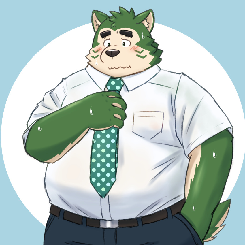 2023 anthro black_nose blush bottomwear canid canine canis clothing domestic_dog green_body hi_res humanoid_hands kemono lifewonders live_a_hero male mammal mokdai necktie overweight overweight_male pants shirt solo topwear yaki_atsuage