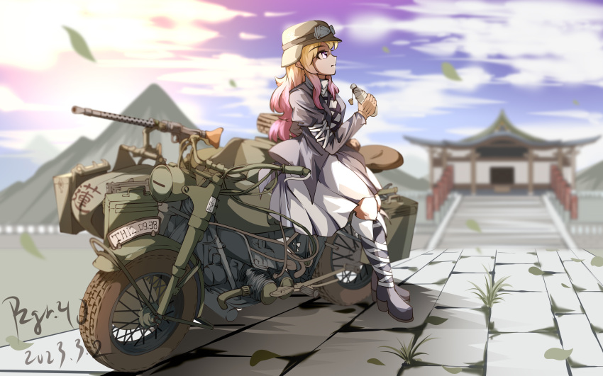 1girl absurdres black_dress black_footwear bmw_r75 brown_hair chinese_commentary closed_mouth cloud commentary_request dated dress from_side full_body gradient_hair highres hijiri_byakuren holding_gourd juliet_sleeves long_hair long_sleeves military motor_vehicle motorcycle mountain multicolored_hair outdoors puffy_sleeves purple_hair pzgr.40 shrine signature sky solo touhou variant_set white_dress yellow_eyes