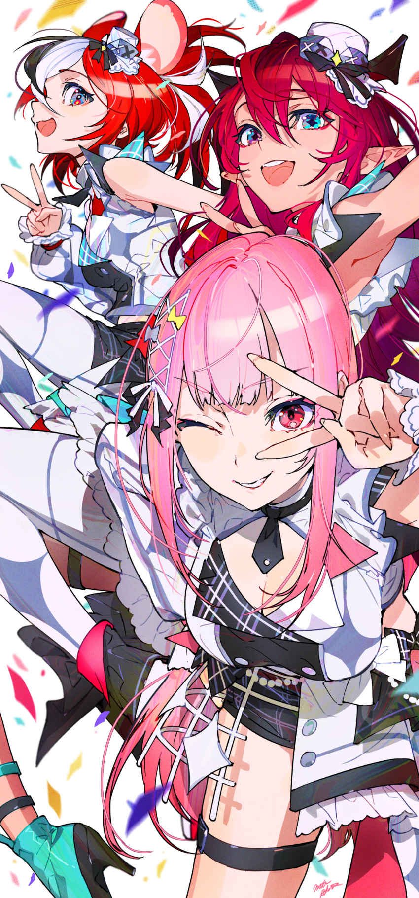 3girls absurdres animal_ears armpits black_hair blue_eyes commentary demon_horns extra_ears hakos_baelz heterochromia highres hololive hololive_english hololive_idol_uniform_(bright) horns irys_(hololive) light_smile long_hair looking_at_viewer mika_pikazo mori_calliope mouse_ears mouse_girl multicolored_hair multiple_girls one_eye_closed open_mouth pink_hair pointy_ears red_eyes red_hair smile streaked_hair thigh_strap twintails two-tone_hair v v_over_eye virtual_youtuber white_background white_hair