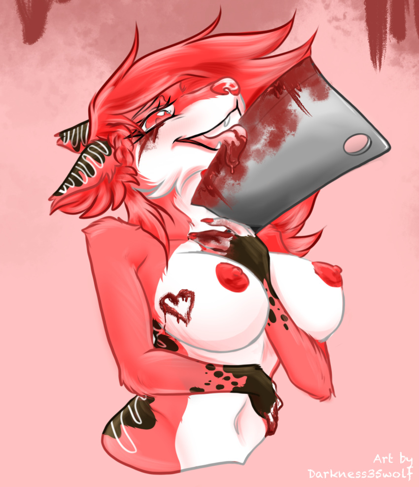 anthro blood bodily_fluids braided_hair breast_squish breasts candy canid canine canis chocolate claws cleaver_(weapon) darkness35wolf dessert digital_drawing_(artwork) digital_media_(artwork) dripping female fluffy fluffy_ears food fur hair hi_res mammal melee_weapon messy nails neck_tuft nipples sexy_eyes shaded skinny snout soft_shading solo squish strawberry_(darkness35wolf) tongue tongue_out tuft weapon wolf