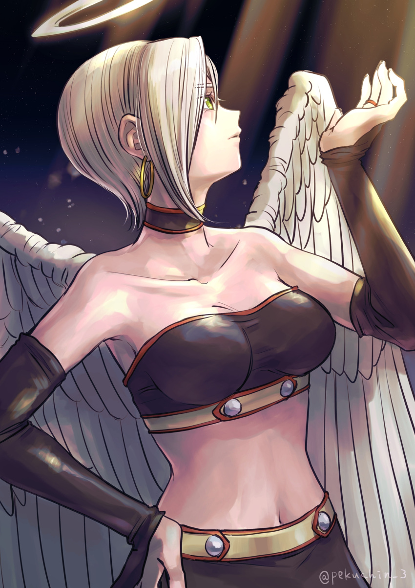 1girl angel angel_wings bare_shoulders black_choker black_gloves black_skirt breasts bridal_gauntlets chinyan choker collarbone commentary_request crop_top dragon_quest dragon_quest_ix duplicate earrings elbow_gloves gloves green_eyes grey_hair halo highres hoop_earrings jewelry medium_breasts midriff pixel-perfect_duplicate raviel short_hair skirt solo twitter_username white_wings wings