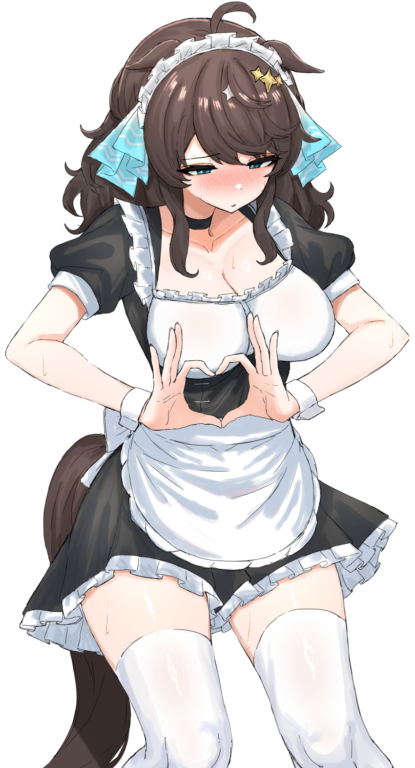 1girl absurdres ahoge alternate_costume animal_ears black_hair blush breasts cleavage commentary_request daring_tact_(umamusume) embarrassed enmaided hair_ornament heart heart_hands highres horse_ears horse_girl horse_tail kumiyabe maid maid_headdress medium_breasts medium_hair open_mouth solo sweat tail thighhighs umamusume white_background