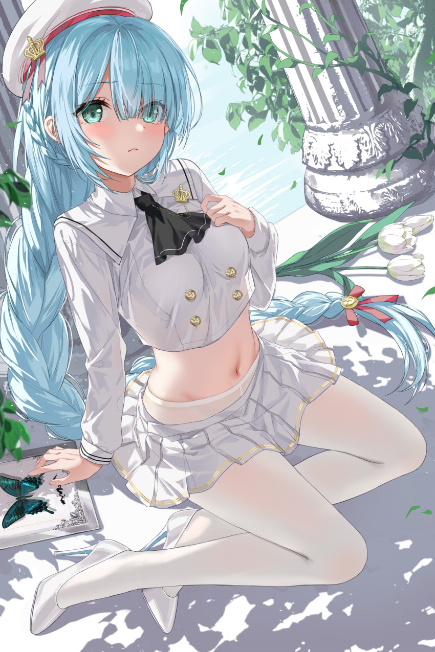 1girl absurdres arm_support ascot azur_lane beret black_ascot blue_hair braid breasts bug butterfly buttons closed_mouth crop_top crop_top_overhang devil_heavens dutch_angle eyes_visible_through_hair flower green_eyes hair_ribbon hand_on_own_chest hand_up hat high_heels highres janus_(azur_lane) janus_(fear_of_changing...clothes)_(azur_lane) legs long_hair long_sleeves looking_at_viewer medium_breasts midriff miniskirt navel official_alternate_costume pantyhose pillar plant pleated_skirt ribbon sailor_collar school_uniform see-through_silhouette shirt single_braid sitting skirt solo stomach thighs tulip very_long_hair white_flower white_footwear white_headwear white_pantyhose white_shirt white_skirt white_tulip yokozuwari