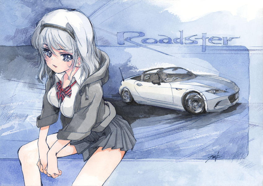 1girl black_hairband black_hoodie black_skirt blue_eyes bow breasts car collared_shirt convertible grey_hair hair_behind_ear hairband hi_fumiyo highres hood hood_down hoodie leaning_forward looking_to_the_side mazda mazda_mx-5 mazda_mx-5_nd medium_breasts medium_hair motor_vehicle original personification pleated_skirt radio_antenna red_bow shadow shirt sitting skirt solo sports_car traditional_media vehicle_and_personification vehicle_name white_shirt