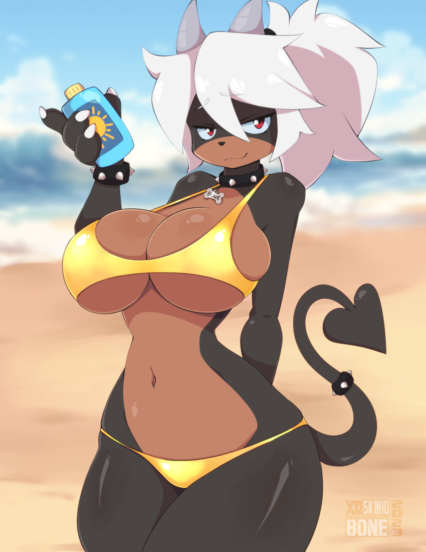 beach big_breasts bone_(skwidbone) bra breasts clothing cloud collar female generation_2_pokemon hi_res houndoom name_tag nintendo panties pokemon pokemon_(species) sand seaside skwidbone sky solo spade_tail spiked_collar spikes sunscreen tail underwear water