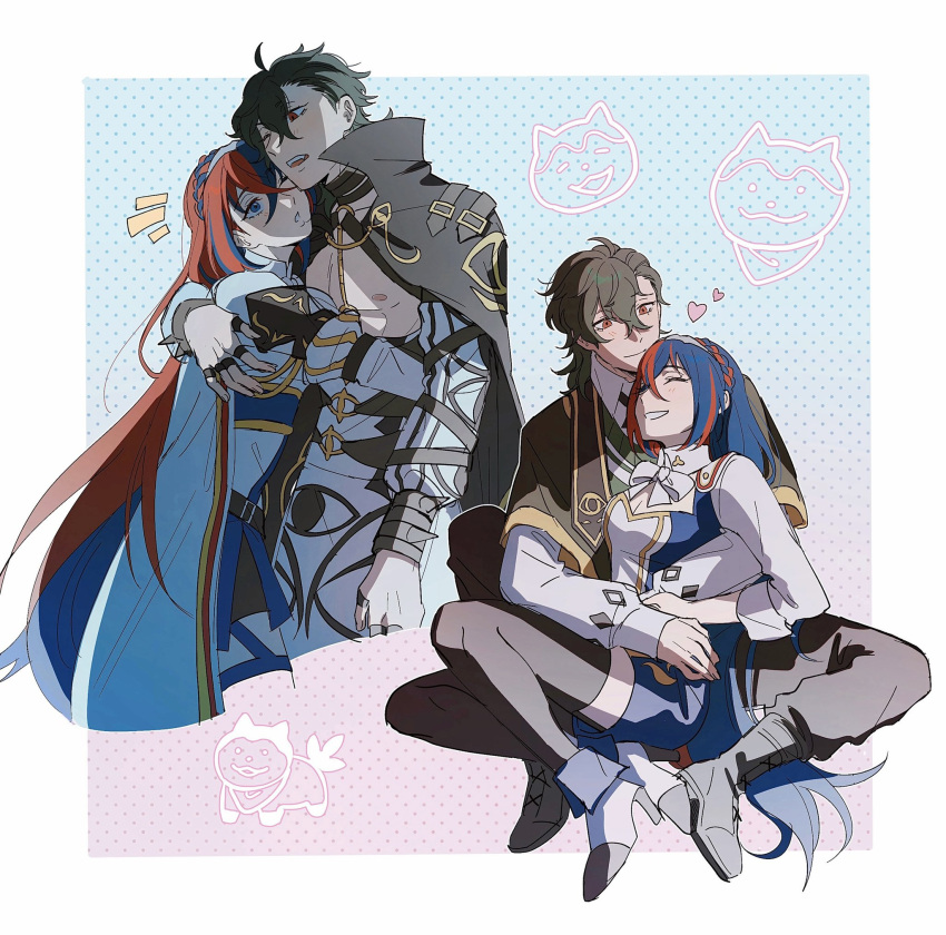 1boy 1girl alear_(female)_(fire_emblem) alear_(fire_emblem) black_hair blue_eyes blue_hair braid cape closed_eyes couple crown_braid fire_emblem fire_emblem_engage gregory_(fire_emblem) hair_between_eyes heart highres hug long_hair long_sleeves looking_at_another multicolored_hair on_ground open_mouth oratoza red_eyes red_hair short_hair simple_background sitting tiara two-tone_hair