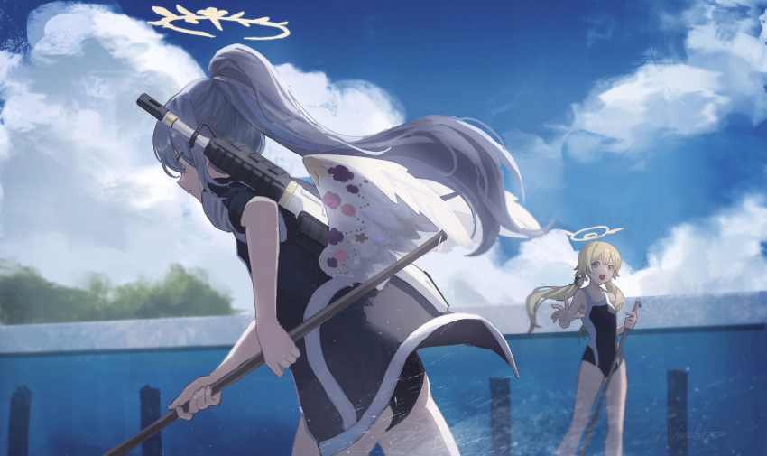 2girls azusa_(blue_archive) blonde_hair blue_archive blue_sky cloud cloudy_sky commentary_request cowboy_shot feathered_wings grey_hair gun halo hifumi_(blue_archive) highres holding long_hair low_twintails machine_gun multiple_girls nekoreito one-piece_swimsuit outdoors ponytail school_swimsuit sky standing swimsuit twintails weapon white_wings wings