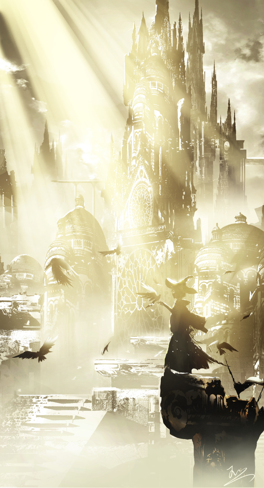 1girl absurdres architecture bird city cityscape cloud crow day dome fantasy from_side full_body highres ledge light_rays looking_ahead original outdoors scenery signature skyrick9413 solo spire stairs standing