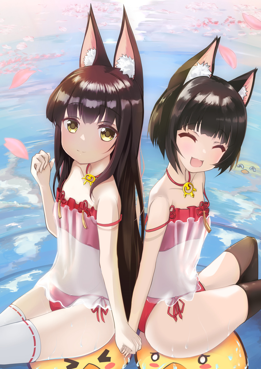 2girls 2others absurdres animal_ear_fluff animal_ears ass azur_lane back-to-back bare_shoulders black_hair black_thighhighs brown_eyes camisole cherry_blossoms closed_eyes fox_ears fox_girl hagakure_kirin_(kiryu036) highres holding_hands long_hair looking_at_viewer manjuu_(azur_lane) multiple_girls multiple_others mutsu_(azur_lane) nagato_(azur_lane) nagato_(great_fox's_respite)_(azur_lane) open_mouth outdoors panties petals red_camisole red_panties see-through short_hair side-tie_panties sitting smile strap_slip thighhighs thighs underwear very_long_hair water white_thighhighs