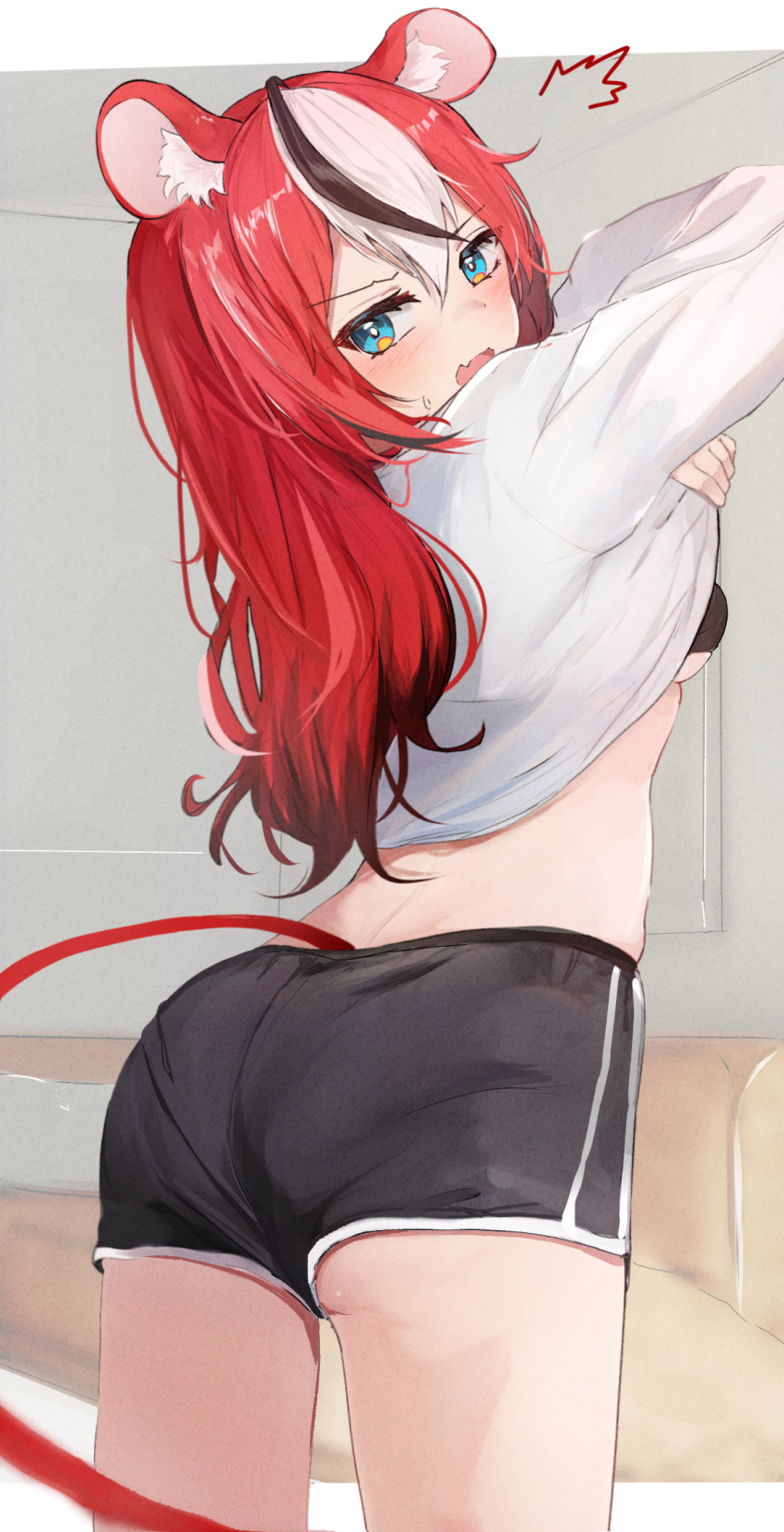 1girl ^^^ animal_ear_fluff animal_ears arms_up ass black_bra black_shorts blue_eyes blush bra breasts clothes_lift commentary cropped_legs fang from_behind hair_between_eyes hakos_baelz highres hololive hololive_dance_practice_uniform hololive_english indoors long_hair long_sleeves looking_at_viewer looking_back midriff mouse_ears mouse_girl mouse_tail multicolored_hair official_alternate_costume red_hair short_shorts shorts shuuzo3 small_breasts solo streaked_hair sweatdrop sweater sweater_lift tail thighs underwear undressing virtual_youtuber white_sweater