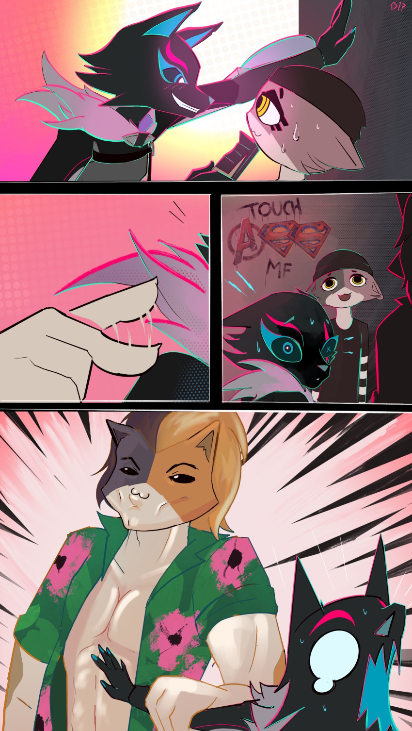 absurd_res anthro bodily_fluids bottomless canid canine canis clothed clothing comic_panel domestic_cat epic_games eyeshadow felid feline felis female fortnite fur glowing glowing_eyes grabbing_arm graffiti hair headgear headwear hi_res intimidation katana kuwsh long_hair makeup male mammal melee_weapon meow_skulls_(fortnite) meowscles multicolored_body multicolored_fur muscular muscular_male open_clothing open_shirt open_topwear pack_leader_highwire pattern_clothing scared screaming shirt shirt_only striped_clothing stripes sweat sweatdrop sword tears teary_eyes topwear topwear_only weapon wolf yellow_eyes