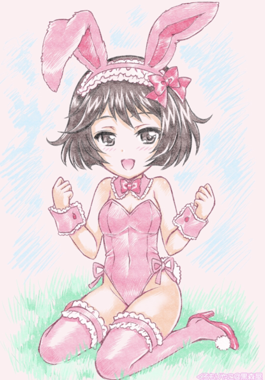 1girl :d absurdres animal_ears artist_name ass bare_shoulders black_eyes black_hair blue_sky blush bob_cut bow bowtie breasts chibi cleavage clenched_hands colored_pencil_(medium) commentary covered_navel detached_collar fake_animal_ears frilled_hairband frilled_thighhighs frills full_body girls_und_panzer grass groin hairband high_heels highres kuromori_yako leotard looking_at_viewer on_ground open_mouth paper_texture pink_bow pink_bowtie pink_hairband pink_leotard pink_thighhighs playboy_bunny pom_pom_(clothes) rabbit_ears rabbit_tail red_footwear shoes short_hair sitting sketch sky sleeveless small_breasts smile solo strapless strapless_leotard tail thighhighs traditional_media translated utsugi_yuuki w_arms wariza wrist_cuffs