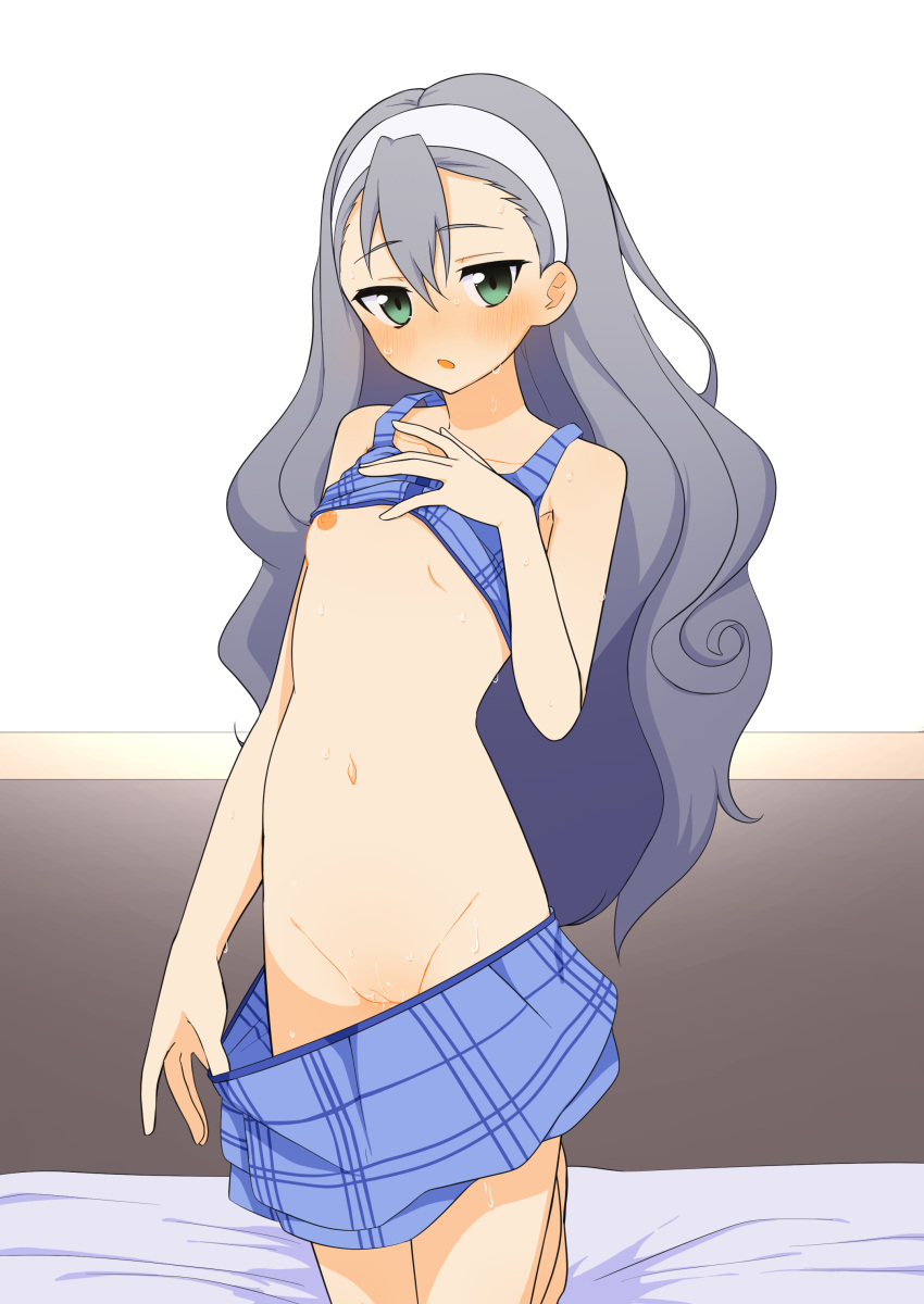 1girl :o absurdres blue_skirt blush breasts clothes_pull green_eyes grey_hair groin hairband highres karin_(rune_factory) kneeling long_hair looking_at_viewer luke_(b10a3123m) navel on_bed open_mouth petite pulled_by_self pussy rune_factory rune_factory_3 skirt skirt_pull small_breasts solo sweat wavy_hair white_hairband