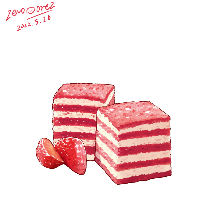 absurdres artist_name cake commentary dated english_commentary food food_focus fruit highres layer_cake no_humans original realistic signature simple_background sparkle still_life strawberry strawberry_cake white_background zeroorez