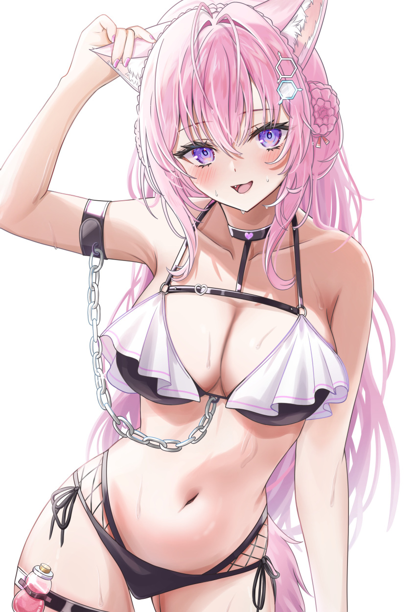 1girl absurdres animal_ears antenna_hair arm_belt bare_shoulders bikini black_bikini black_choker braid braided_bun breasts c1p122 chain chest_belt choker cleavage collarbone crown_braid eyelashes fang fingernails fishnets frills hair_between_eyes hair_bun hair_intakes hair_ribbon hakui_koyori hand_on_own_ear heart heart_choker highres hololive holster large_breasts long_hair looking_at_viewer nail_polish navel o-ring open_mouth pink_hair pink_nails pink_tail purple_eyes red_ribbon ribbon side-tie_bikini_bottom simple_background smile solo stomach sweat swimsuit tail thigh_holster thighs virtual_youtuber white_background wolf_ears wolf_girl wolf_tail