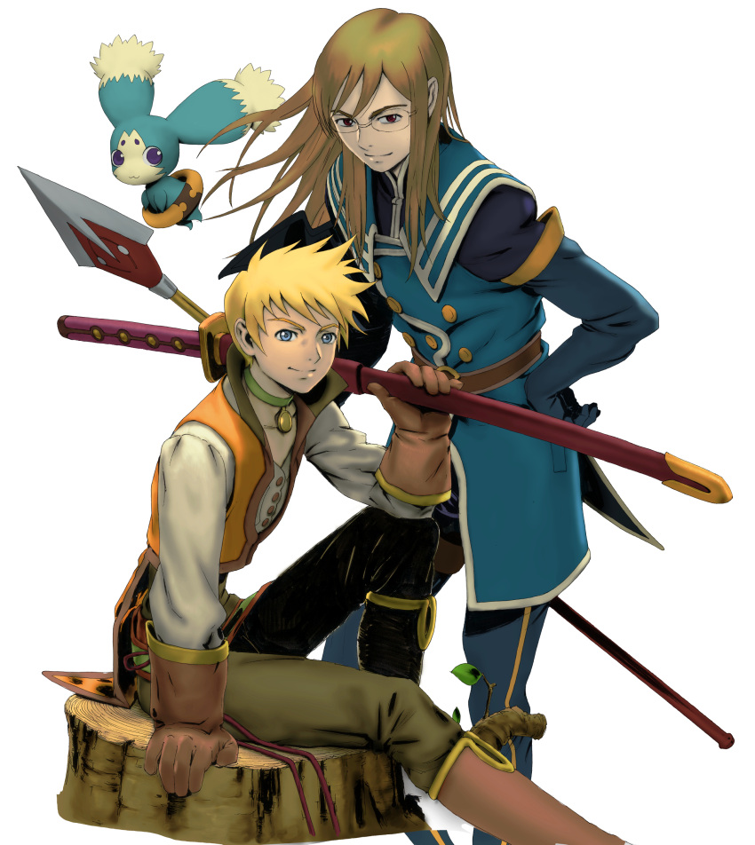 2boys absurdres blonde_hair blue_eyes blue_footwear blue_gloves blue_jacket boots brown_footwear brown_gloves brown_hair buttons choker closed_mouth commentary_request creature elbow_gloves feet_out_of_frame floating glasses gloves green_choker guy_cecil hand_on_own_hip highres holding holding_polearm holding_sword holding_weapon jacket jade_curtiss knee_boots knee_up leaning_forward long_hair long_sleeves looking_at_viewer male_focus mieu_(tales) multiple_boys orange_vest over_shoulder polearm popped_collar red_eyes shirt short_hair sitting sitting_on_tree_stump smile sword tales_of_(series) tales_of_the_abyss thigh_boots tree_stump vest weapon white_background white_shirt yasuda_akira