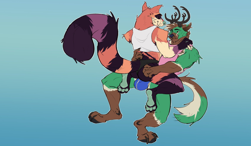 anthro antlers armpit_hair armpit_tuft body_hair brown_body brown_fur canid canine canis clothed clothing crop_top deer digital_media_(artwork) duo esofaoul_(character) eye_contact female fur green_body green_fur hair hand_on_back hand_on_shoulder hi_res horn hybrid jockstrap looking_at_another looking_at_partner male male/female mammal multicolored_body multicolored_fur multicolored_tail orange_body orange_fur pawpads paws procyonid purple_body purple_fur raccoon rukann shirt simple_background sitting sitting_on_another smile tail tank_top thong topwear tuft underwear were werecanid werecanine white_body white_fur wolf