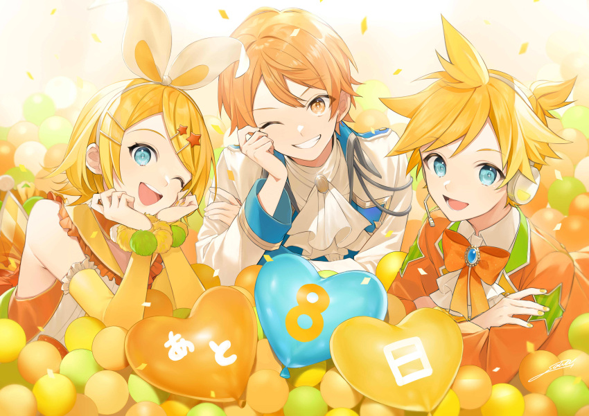 1girl 2boys absurdres aiguillette ascot balloon blonde_hair blue_eyes bow bowtie bracelet brooch brother_and_sister coat commentary_request confetti countdown gloves hair_bow hair_ornament hairclip headphones headset heart_balloon highres jacket jewelry kagamine_len kagamine_rin long_sleeves looking_at_viewer microphone multiple_boys official_art one_eye_closed orange_bow orange_bowtie orange_jacket project_sekai shirt short_hair siblings signature sleeveless sleeveless_shirt smile sogawa star_(symbol) star_print tenma_tsukasa upper_body vocaloid white_ascot white_bow white_coat wonderlands_x_showtime_len wonderlands_x_showtime_rin yellow_eyes yellow_gloves