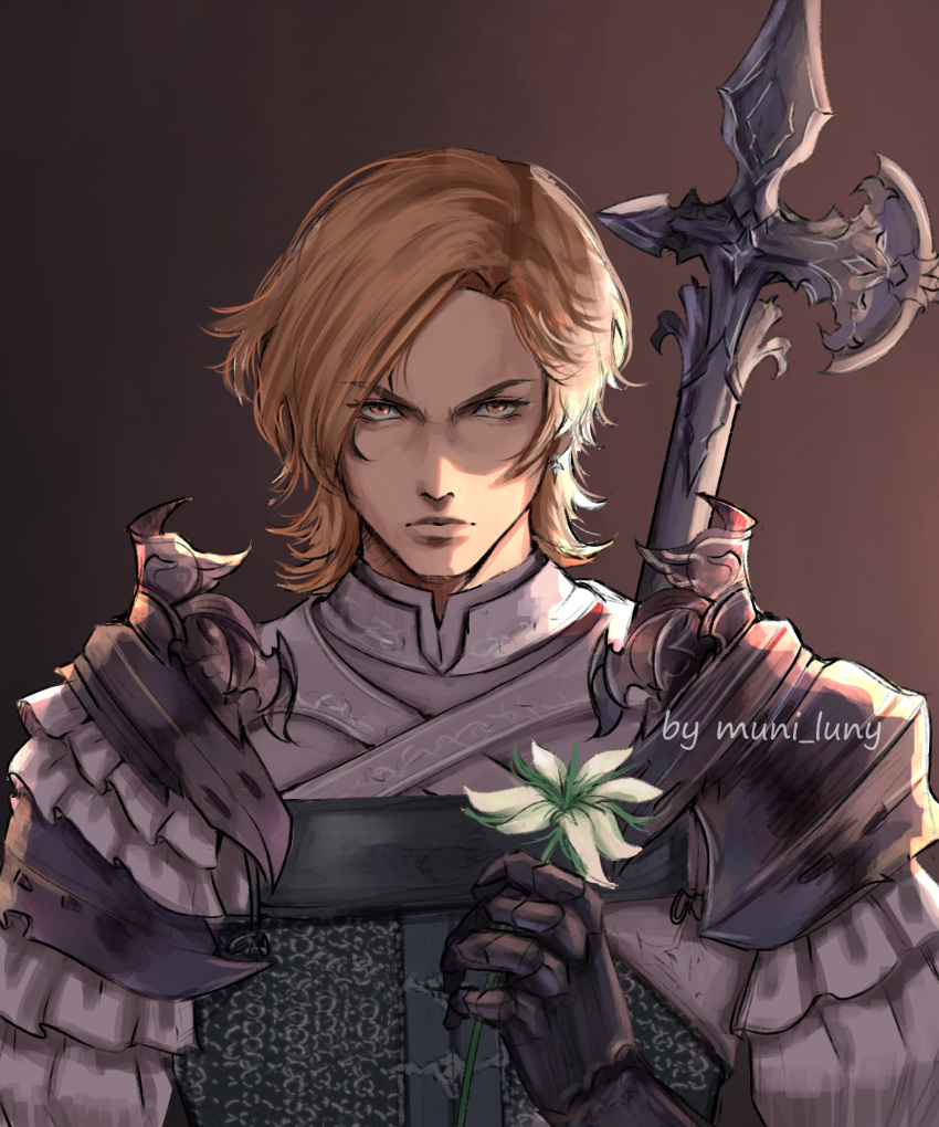 1boy armor bladed_lance blonde_hair brown_background closed_mouth dion_lesage doodleing_time earrings final_fantasy final_fantasy_xvi flower halberd highres holding holding_flower jewelry looking_at_viewer male_focus polearm serious short_hair shoulder_armor simple_background solo standing upper_body vest weapon white_armor white_flower white_vest yellow_eyes