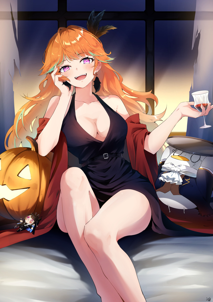 1girl :d absurdres bare_legs black_dress breasts cleavage collarbone cup curtains dress drinking_glass earrings fangs feather_earrings feather_hair_ornament feathers green_hair hair_ornament halloween highres holding holding_cup holding_tray hololive hololive_english jack-o'-lantern jewelry kfp_employee_(takanashi_kiara) lucferz medium_breasts multicolored_hair nerissa_ravencroft open_mouth orange_hair pink_eyes pumpkin red_shawl shawl smile solo_focus streaked_hair stuffed_toy takanashi_kiara teeth thighs torn_curtains tray upper_teeth_only window wine_glass