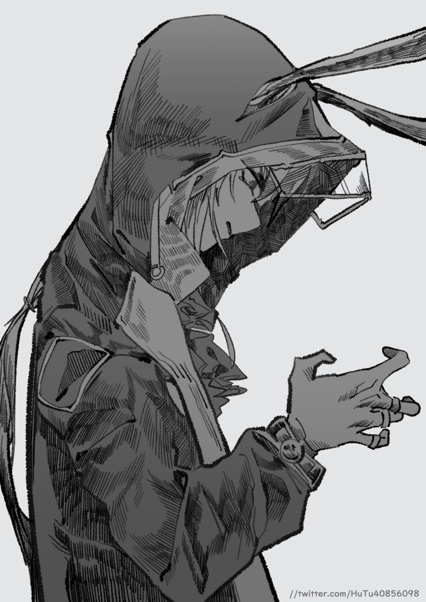 1girl amiya_(arknights) animal_ears arknights ascot ears_through_headwear greyscale hand_up highres hood hood_up hooded_coat hu_tu jewelry long_hair long_sleeves looking_down monochrome multiple_rings open_mouth rabbit_ears ring solo twitter_username upper_body