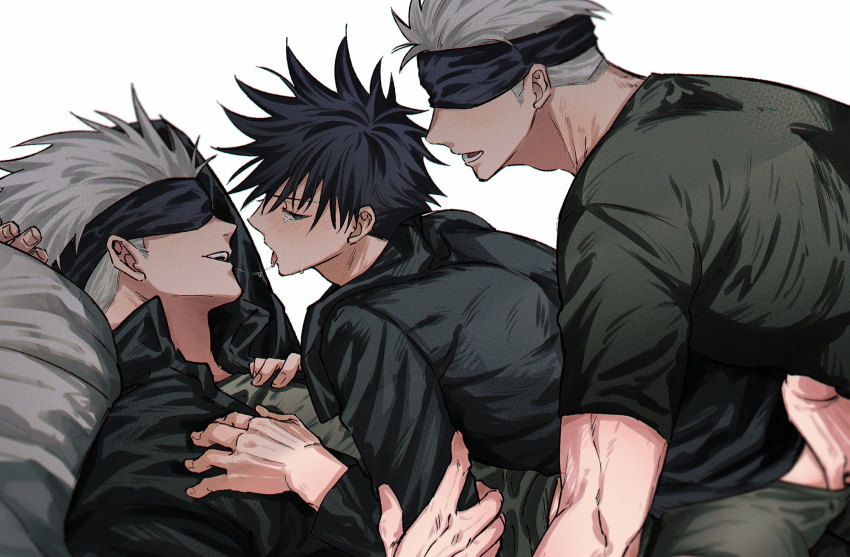 3boys after_kiss ass_grab black_blindfold black_hair black_jacket black_shirt blindfold blush dual_persona fushiguro_megumi fushirun_rung gojou_satoru green_eyes highres imminent_penetration jacket jujutsu_kaisen korean_commentary long_sleeves looking_at_another male_focus multiple_boys open_mouth pants saliva shirt short_hair smile spiked_hair tears tongue tongue_out white_background white_hair yaoi