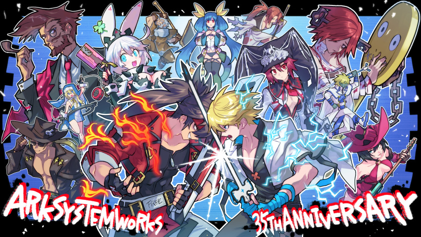 6+boys 6+girls a.b.a absurdres baiken black_gloves blonde_hair blue_eyes blush bridget_(guilty_gear) cuffs dizzy_(guilty_gear) elphelt_valentine fingerless_gloves gloves guilty_gear guilty_gear_strive guilty_gear_xrd guilty_gear_xx habit handcuffs highres i-no johnny_(guilty_gear) kum_jonryoku ky_kiske long_sleeves looking_at_viewer male_focus medium_hair multiple_boys multiple_girls nun open_mouth otoko_no_ko paracelsus robo-ky slayer_(guilty_gear) smile snd_nanka sol_badguy valentine_(guilty_gear) yo-yo