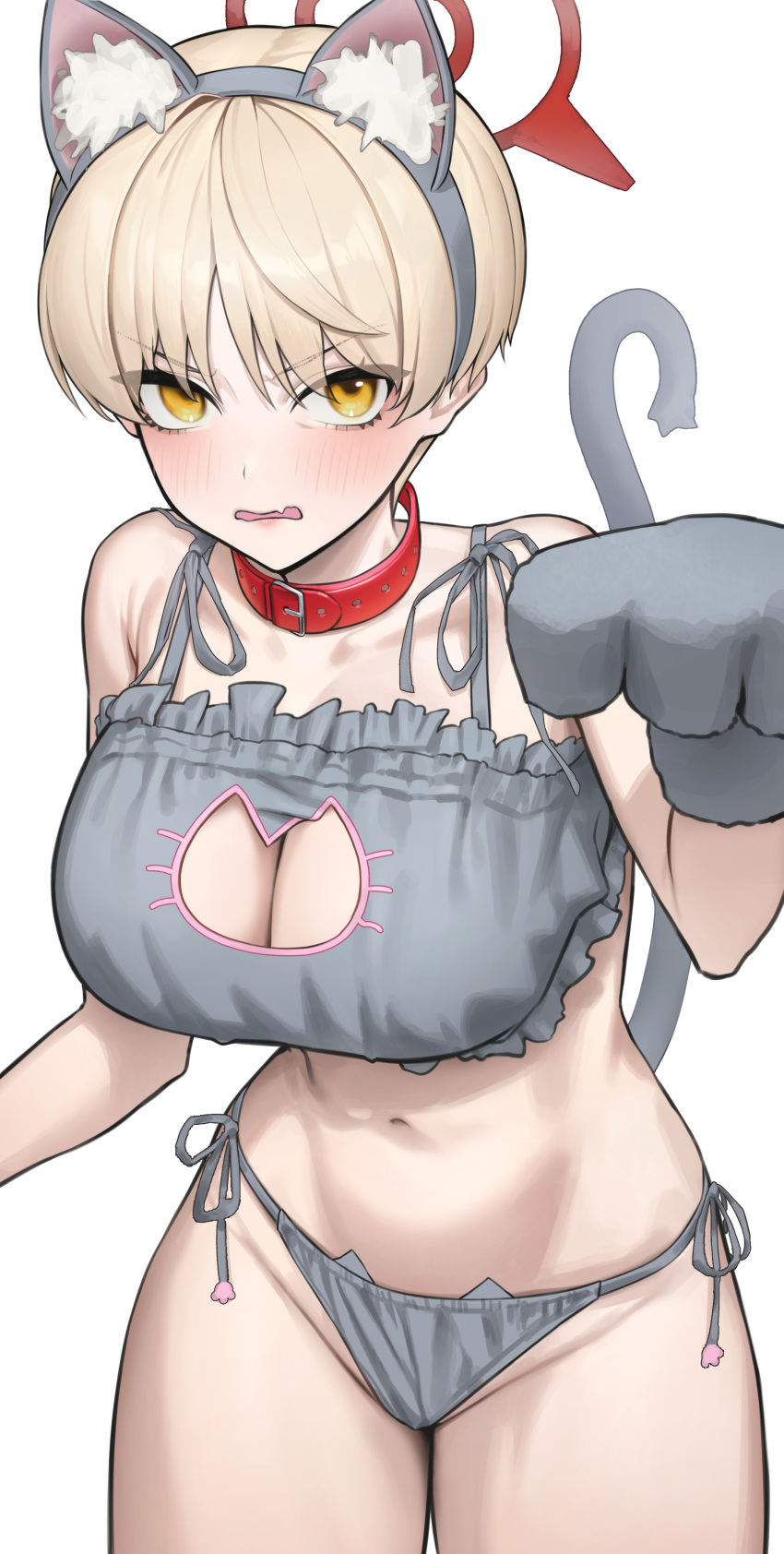 1girl absurdres animal_ears animal_hands blonde_hair blue_archive blush bra breasts cat_ears cat_lingerie cat_tail cleavage clothing_cutout collarbone commentary_request embarrassed fake_animal_ears gloves grey_bra grey_panties halo highres ildy large_breasts looking_at_viewer marina_(blue_archive) meme_attire panties paw_gloves short_hair side-tie_panties simple_background solo tail underwear white_background yellow_eyes