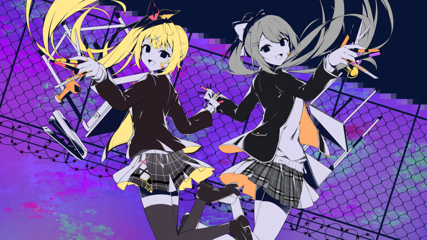 2girls bandaid bandaid_on_face blazer blonde_hair bow boxcutter bug_(vocaloid) cardigan cardigan_under_jacket chain-link_fence collared_shirt commentary_request dress_shirt fence garter_straps hair_bow hair_ornament hairclip highres higuchi_kaede higuchi_kaede_(1st_costume) holding holding_boxcutter holding_scissors hoshikawa_sara hoshimachi_suisei hoshimachi_suisei_(4th_costume) jacket kneehighs limited_palette looking_at_viewer miniskirt multiple_girls nijisanji official_art open_mouth plaid plaid_skirt ponytail school_uniform scissors sharp_teeth shirt side_ponytail skirt socks spot_color teeth thighhighs upper_teeth_only virtual_youtuber zettai_ryouiki zky_(oekaky)