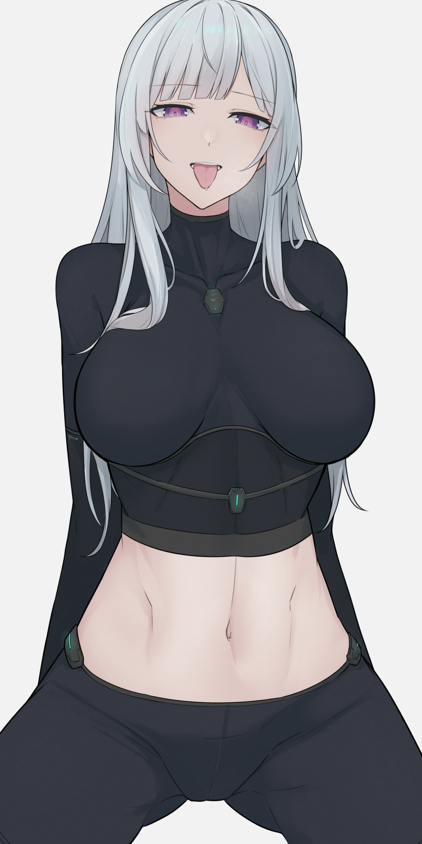 1girl absurdres ak-12_(girls'_frontline) arms_behind_back black_pants breasts collarbone commentary_request covered_collarbone cropped_shirt girls'_frontline grey_hair highres impossible_clothes impossible_shirt large_breasts long_hair long_sleeves looking_at_viewer midriff navel open_mouth pants purple_eyes re1kirisaki342 saliva_drip shirt simple_background solo stomach teeth tongue tongue_out unusually_open_eyes upper_body white_background