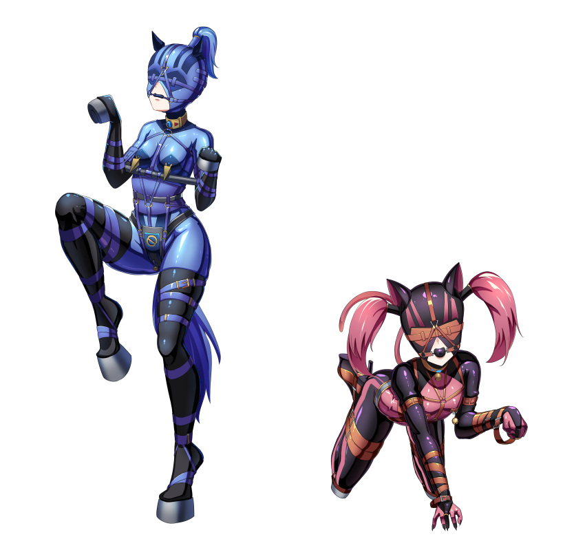 2girls absurdres all_fours animal_ears artist_request ball_gag bit_gag black_bodysuit blindfold blue_bodysuit blue_hair bodysuit bondage_mittens breasts chastity_belt check_artist fake_animal_ears fake_tail flat_chest full_body gag gimp_mask gimp_suit high_heels highres hoof_gloves hoof_shoes human_dog latex latex_bodysuit mask multiple_girls nipple_piercing nipple_rings original piercing pink_bodysuit pony_play ponytail red_hair shiny_clothes small_breasts standing standing_on_one_leg tail twintails two-tone_bodysuit user_urvg4735 white_background