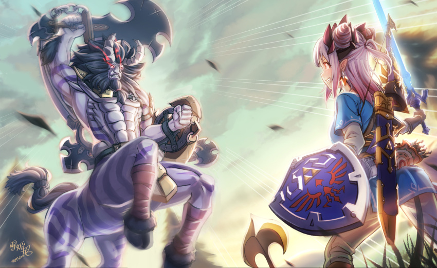 1boy 1girl battle calzooone clenched_teeth cone_hair_bun cosplay demon_tail gradient_hair grey_hair hair_bun half_updo highres honey_strap hylian_shield link link_(cosplay) lynel master_sword monster multicolored_hair nanashi_inc. outdoors pants red_hair scabbard sheath short_ponytail streaked_hair suou_patra tail teeth the_legend_of_zelda the_legend_of_zelda:_breath_of_the_wild tunic virtual_youtuber