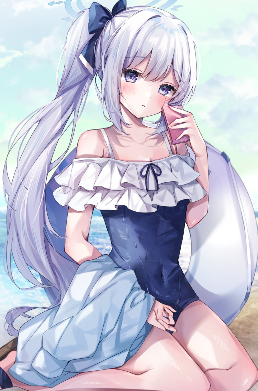 1girl beach blue_archive blue_bow blue_halo blue_one-piece_swimsuit blue_sky bow cellphone cloud commentary_request covered_navel day grey_hair hair_bow halo highres holding holding_phone long_hair looking_at_viewer miyako_(blue_archive) miyako_(swimsuit)_(blue_archive) ocean official_alternate_costume one-piece_swimsuit outdoors phone ponytail purple_eyes sitting sky solo sorashima_(117) swimsuit thighs wet wet_clothes wet_swimsuit