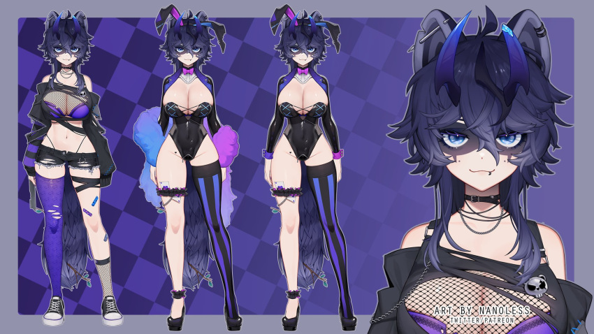 1girl animal_ears artist_name bandaid blue_eyes blue_hair bow bowtie bra breasts card choker cleavage commentary english_commentary fake_animal_ears fishnets full_body hair_between_eyes heart heart_tattoo high_heels highres horns indie_virtual_youtuber large_breasts leotard lip_piercing long_sleeves looking_at_viewer multiple_views nanoless navel piercing playboy_bunny rabbit_ears raccoon_ears raccoon_girl raccoon_tail short_shorts shorts single_thighhigh skindentation snuffy_(vtuber) standing striped striped_thighhighs tail tattoo thigh_strap thighhighs torn_clothes torn_shorts underwear virtual_youtuber watermark