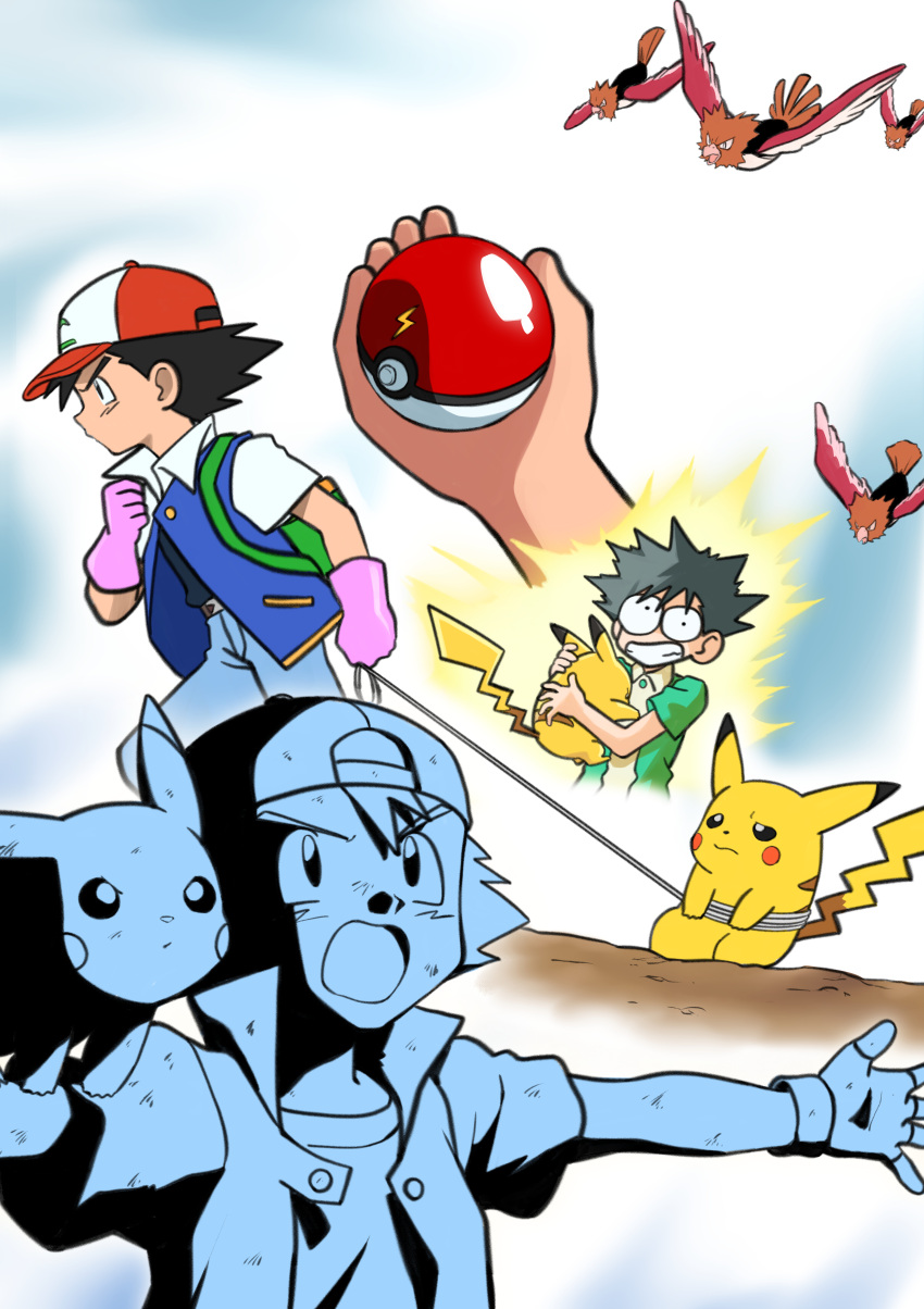 1boy absurdres ash_ketchum bird black_hair black_shirt blue_jacket closed_mouth electrocution fingerless_gloves gloves hat highres holding holding_leash holding_poke_ball holding_pokemon jacket leash leash_pull lightning_bolt_print male_focus open_clothes open_jacket open_mouth pants partially_colored pikachu pink_gloves poke_ball pokemon pokemon_(anime) pokemon_(classic_anime) pokemon_(creature) red_headwear rubber_gloves shirt spearow tankobukids