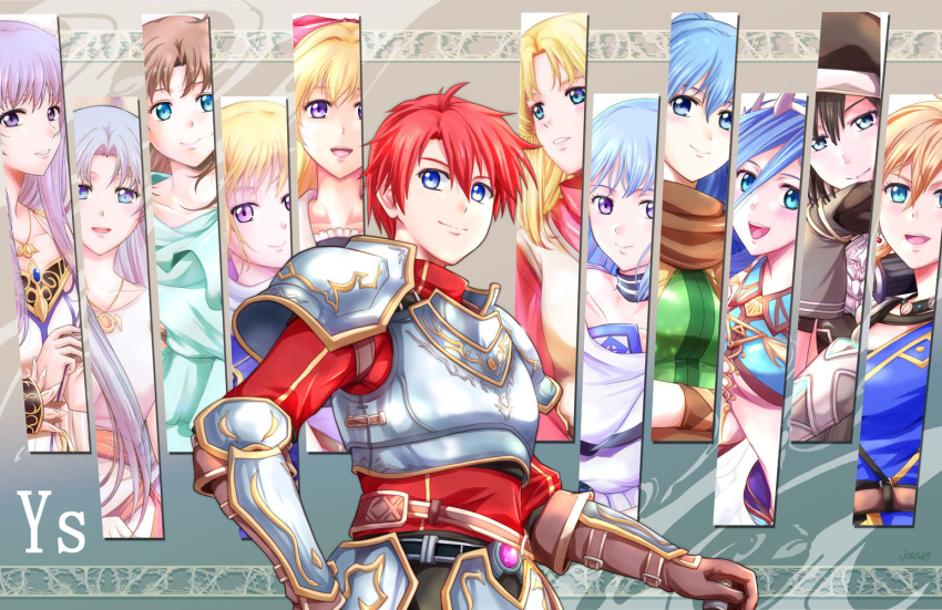 1boy 6+girls adol_christin ancient_ys_vanished aprilis_(ys) armor blonde_hair blue_eyes blue_hair breastplate brown_gloves brown_hair closed_mouth commentary_request copyright_name dana_(ys) dress elena_stoddart feena_(ys) gloves hair_between_eyes jewelry karja_balta leeza_(ys) lilia_(ys) long_hair long_sleeves looking_at_viewer multiple_girls necklace niena_(ys) olha_(ys) open_mouth pauldrons purple_eyes purple_hair reah_(ys) red_hair red_shirt shirt short_hair shoulder_armor smile sword tia_(ys) upper_body weapon white_dress xiacheng_tatsuya ys ys_iii_wanderers_of_ys ys_ix_monstrum_nox ys_memories_of_celceta ys_origin ys_seven ys_v:_kefin_the_lost_city_of_sand ys_vi_ark_of_napishtim ys_viii_lacrimosa_of_dana