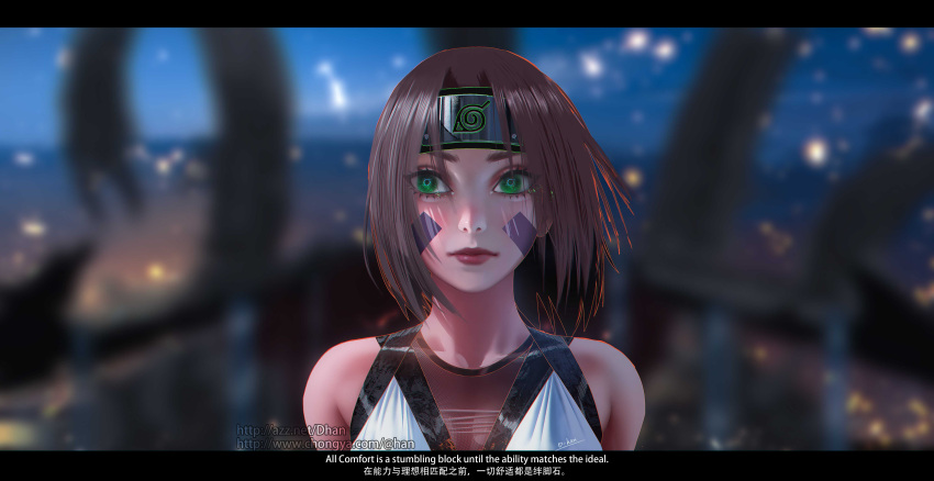 1girl absurdres artist_name brown_hair chinese_text closed_mouth d-han english_text facial_mark forehead_protector green_eyes highres konohagakure_symbol lipstick looking_to_the_side makeup medium_hair naruto naruto_(series) naruto_shippuuden nohara_rin signature solo web_address