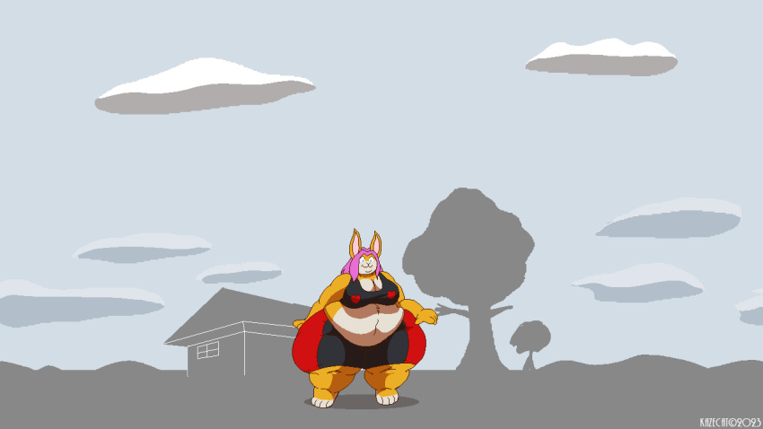 16:9 2023 4_fingers 4_toes animated anthro belly big_belly big_breasts big_butt blue_eyes bottomwear bra breasts building butt cel_shading clothed clothing cloud expansion eyebrows eyelashes feet female fingers fur growth gym_bottomwear gym_clothing gym_shorts hair heart_clothing house huge_belly huge_breasts huge_butt huge_thighs jiggly_(kazecat) kazecat lagomorph leporid macro mammal multicolored_body multicolored_clothing navel nude obese obese_anthro obese_female orange_body orange_fur overweight overweight_anthro overweight_female pink_background pink_hair plant rabbit shaded short_playtime shorts simple_background sky smile solo sports_bra standing tearing_clothing thick_thighs toes torn_clothing tree two_tone_body two_tone_clothing underwear weight_gain wide_hips widescreen