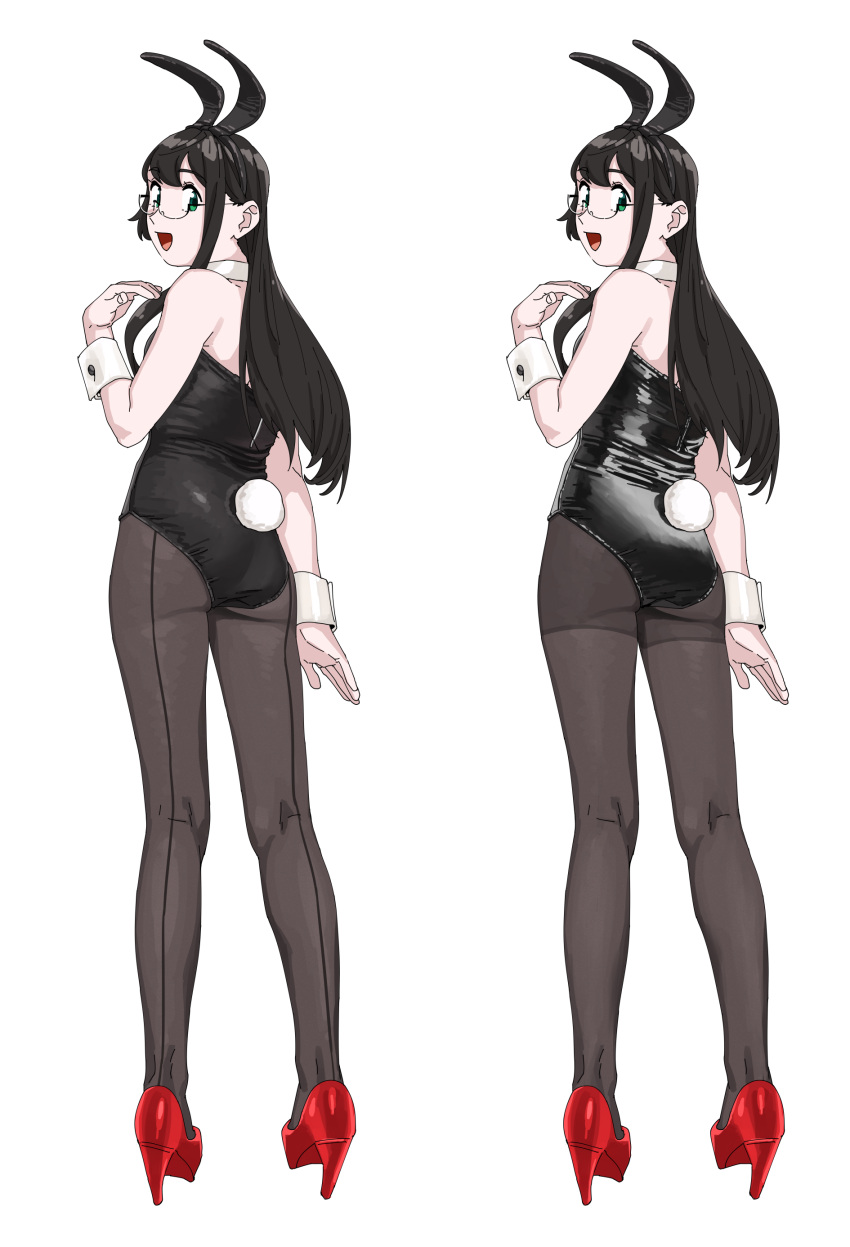 1girl absurdres alternate_costume animal_ears bare_shoulders black_hair black_leotard black_pantyhose commentary_request comparison detached_collar fake_animal_ears from_behind full_body green_eyes hand_on_own_shoulder high_heels highres kantai_collection leotard long_hair looking_at_viewer looking_back ojipon ooyodo_(kancolle) pantyhose parted_lips playboy_bunny rabbit_ears rabbit_tail red_footwear semi-rimless_eyewear simple_background smile solo strapless strapless_leotard tail white_background wrist_cuffs