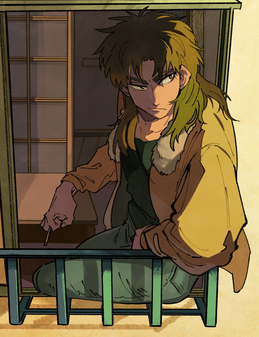 1boy black_eyes black_shirt bomber_jacket brown_hair brown_jacket cigarette closed_mouth commentary_request expressionless feet_out_of_frame grey_pants highres holding holding_cigarette indoors inudori itou_kaiji jacket kaiji long_hair looking_afar looking_to_the_side male_focus medium_bangs open_clothes open_jacket pants parted_bangs railing shirt shouji sitting sliding_doors solo sunrise table