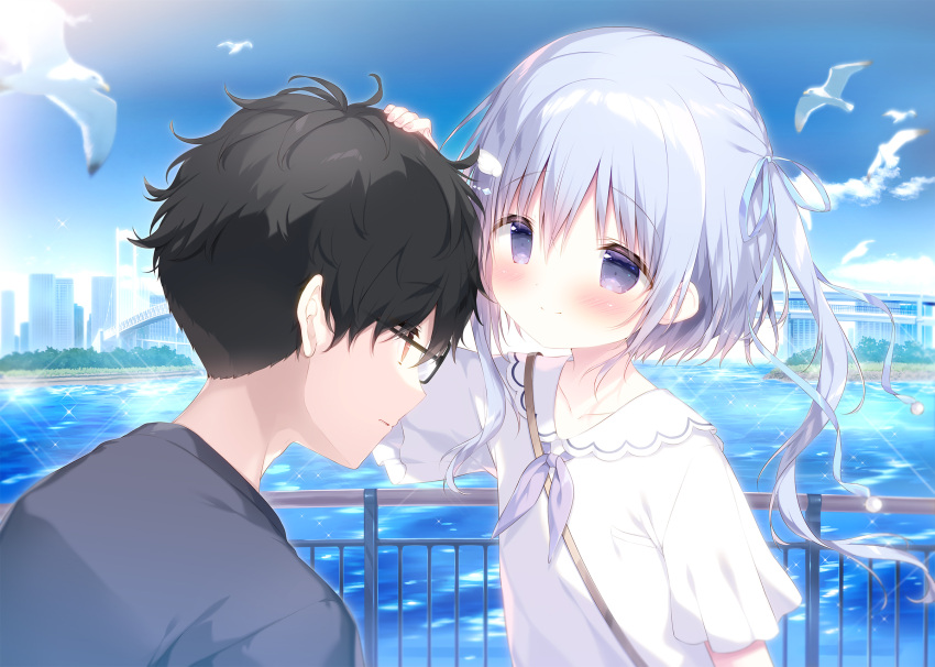 1boy 1girl animal arm_up bird black-framed_eyewear black_hair black_shirt blue_eyes blue_hair blue_ribbon blue_sky blush brown_eyes building closed_mouth cloud collared_shirt commentary day glasses hair_ribbon headpat highres long_hair original outdoors railing ribbon seagull shiratama_(shiratamaco) shirt short_sleeves sky smile symbol-only_commentary two_side_up water white_shirt