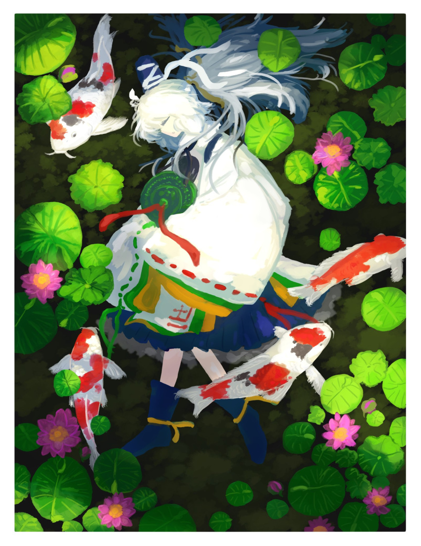 1girl black_ribbon blue_footwear blue_headwear blue_skirt boots border closed_eyes commentary_request fish floating flower full_body hat highres japanese_clothes kariginu koi lily_pad long_hair lotus medium_bangs mononobe_no_futo neck_ribbon open_mouth pink_flower pom_pom_(clothes) ribbon ribbon-trimmed_sleeves ribbon_trim ritsuzou skirt sleeves_past_fingers sleeves_past_wrists solo tate_eboshi touhou water white_border white_hair wide_sleeves