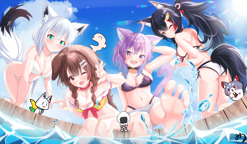 4girls absurdres ahoge animal_ears ass barefoot bent_over bikini blue_sky blush breasts cat_ears cat_girl cat_tail cleavage cloud dog_ears dog_girl dog_tail floral_print fox_girl fox_tail hair_ornament hairpin highres hololive hololive_gamers inugami_korone large_breasts listener_(inugami_korone) long_hair looking_at_viewer medium_hair miofa_(ookami_mio) multiple_girls muutsu_(maxwell0916) nekomata_okayu onigirya_(nekomata_okayu) ookami_mio ookami_mio_(summer_vacation) ponytail purple_bikini shirakami_fubuki shirakami_fubuki_(2nd_costume) shirt sky smile splashing sukonbu_(shirakami_fubuki) sun swimsuit tail virtual_youtuber water white_bikini wolf_ears wolf_girl wolf_tail yellow_bikini