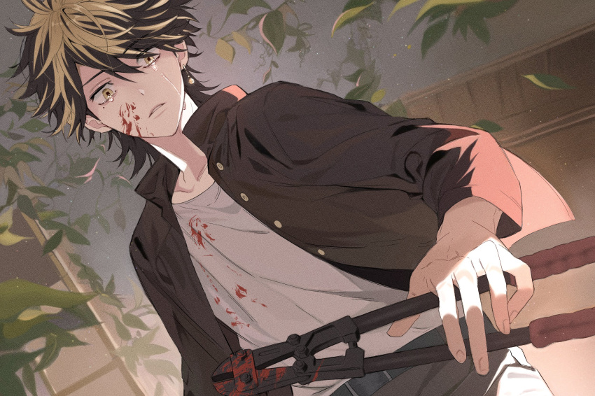 1boy belt black_hair black_jacket blonde_hair blood blood_on_clothes blood_on_face bolt_cutters cowboy_shot crying earrings hanemiya_kazutora highres holding indoors jacket jewelry long_sleeves male_focus mole mole_under_eye multicolored_hair parted_lips school_uniform shirt single_earring solo standing tears tokyo_revengers tottiriti two-tone_hair white_shirt yellow_eyes